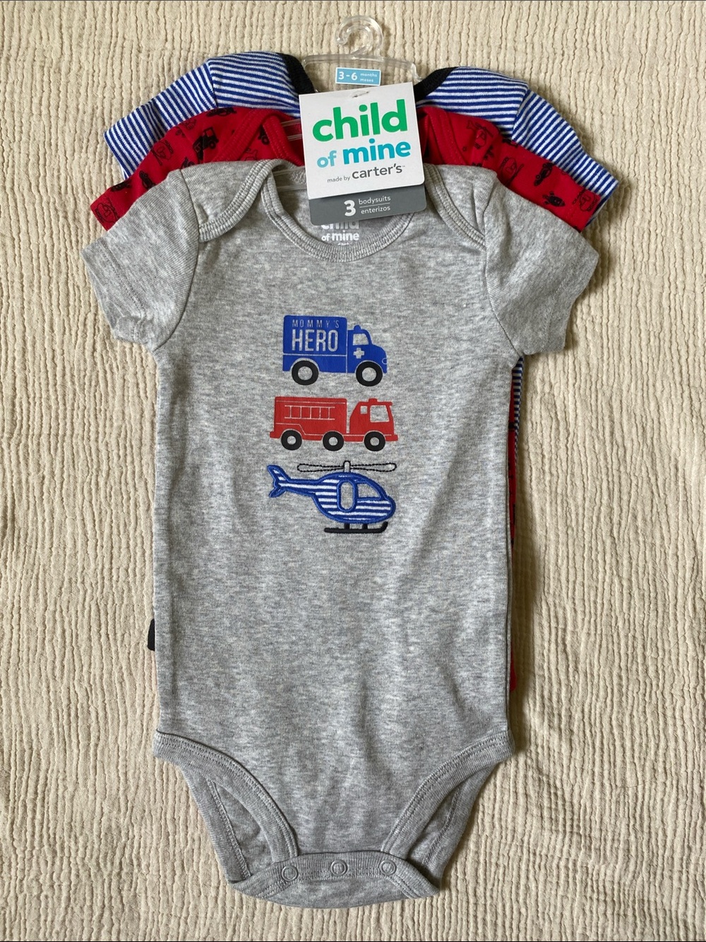 child of mine Gray Bodysuit Set with Blue, Red and Navy Accents